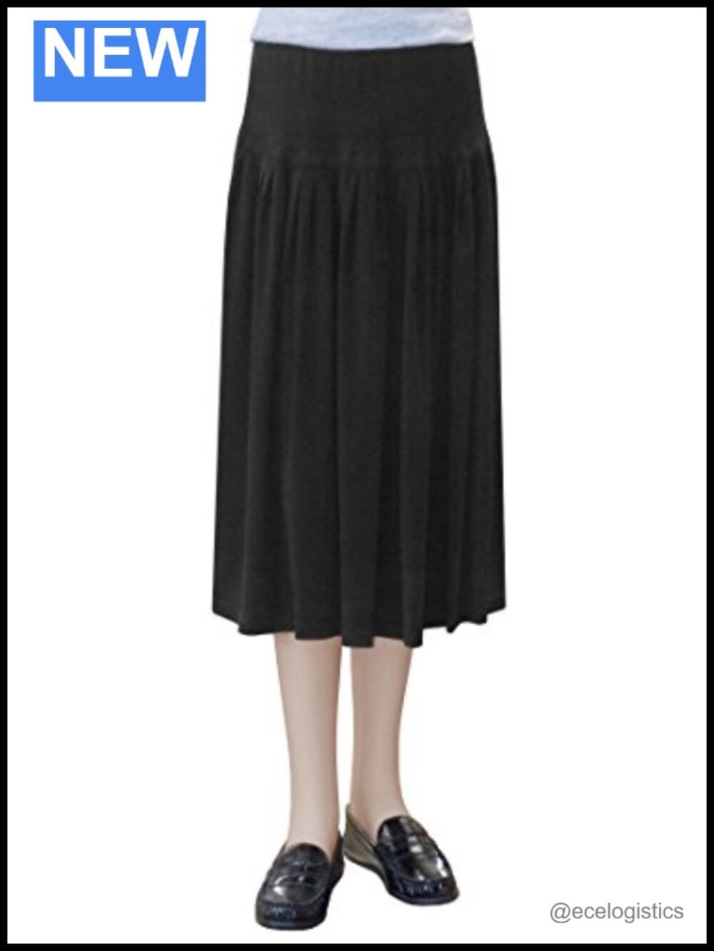 Women's Stretch Knit Pleated Below Knee Skirt Pull On Drop Waist